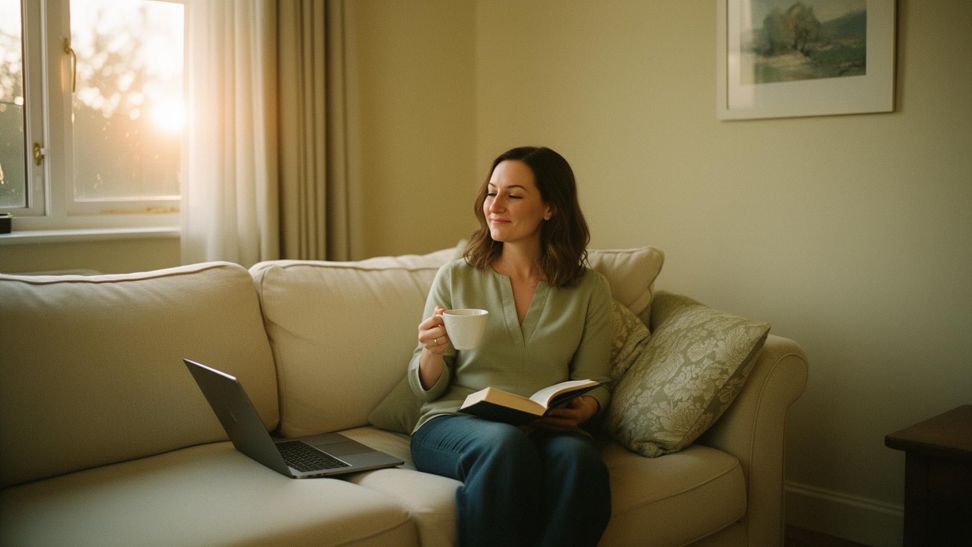 A teacher relaxing on a sofa in the evening
